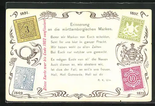 Lithographie Württemberg, Erinnerung an die württembergischen Marken 1851-1857-1875