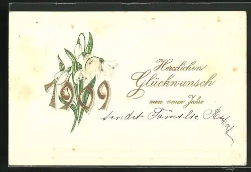 Präge-AK Schneeglöckchen und Jahreszahl, Neujahrsgruss 1909