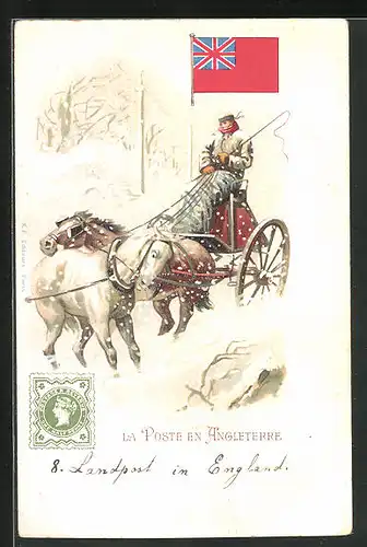 AK Englischer Briefträger mit Pferdekutsche bei Schneesturm