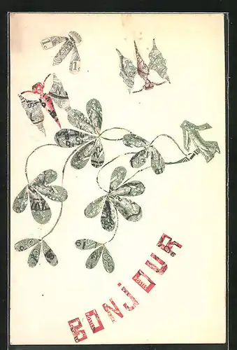 AK Briefmarkencollage, Bonjour, Schmetterlinge