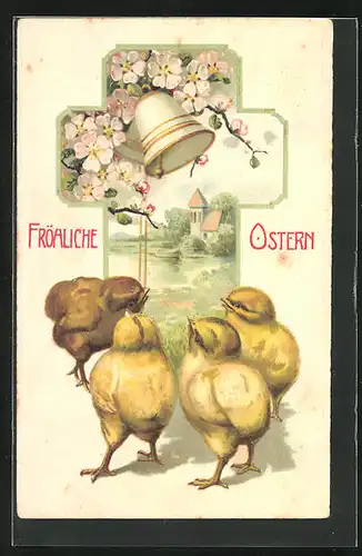 Präge-AK Osterküken mit Glocke und Blumen