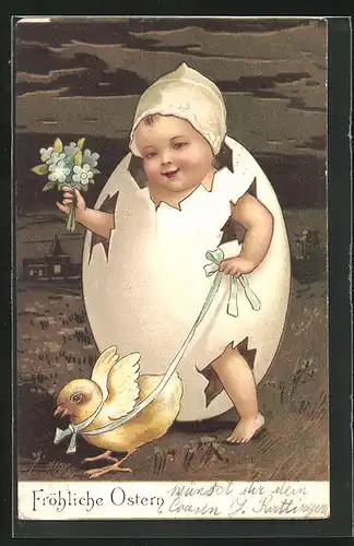 Präge-AK Kind in Osterei mit Osterküken an der Leine