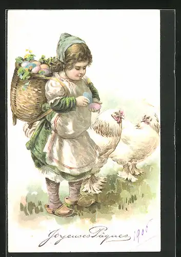 Präge-AK Mädchen sammelt Ostereier, zwei Hennen begleiten sie