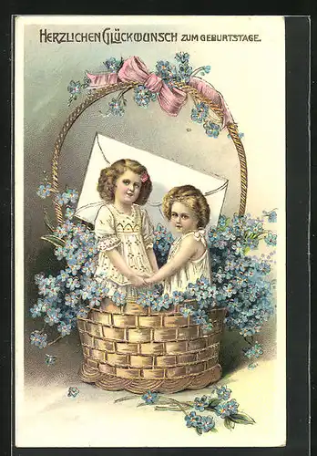 Präge-AK Zwei Mädchen mit Kuvert im Blumenkorb, Geburtstagsgruss