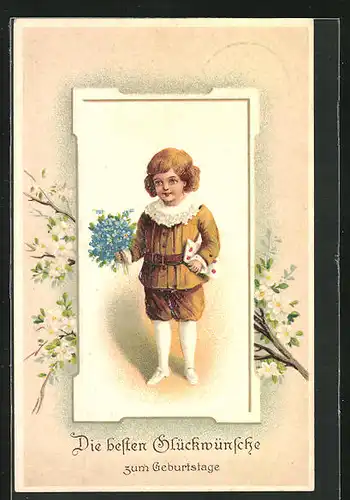 Präge-AK Kleiner Junge mit Blumenstrauss und Kuvert, Geburtstagsgruss