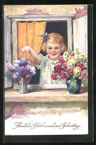 AK Kleines Mädchen am Fenster zeigt auf Blumen, Geburtstagsgruss