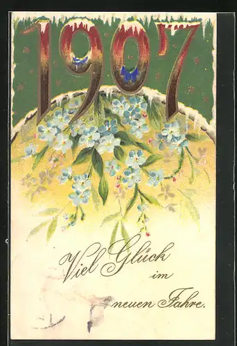 Präge-AK Jahreszahl 1907 und Blumen, Neujahrsgruss