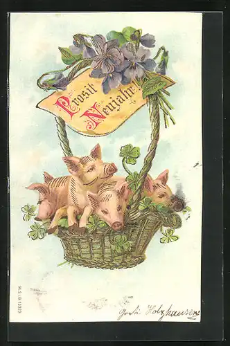Präge-AK Neujahrsgruss mit Korb voller Schweinchen