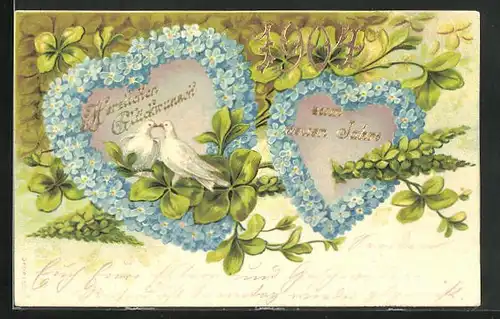 AK Weisse Tauben im Herz aus Vergissmeinnicht, Neujahrsgruss 1904