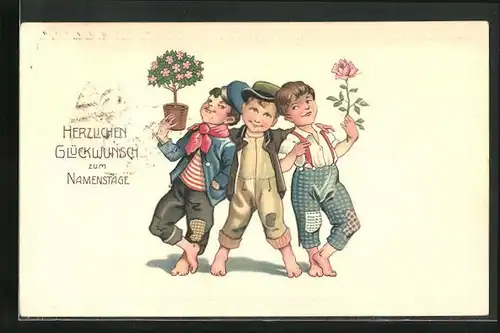 Künstler-AK Herzlichen Glückwunsch zum Namenstag, Rasselbande mit Blumen