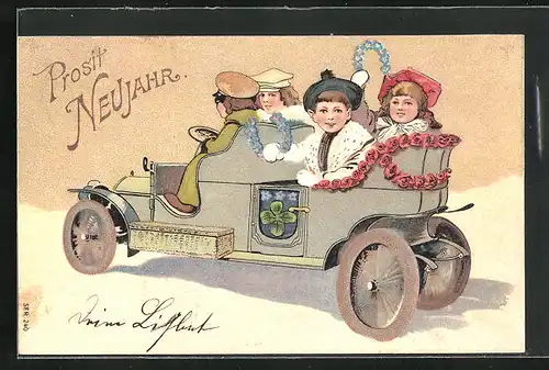 Präge-AK Neujahrsgruss, Geschmücktes Auto