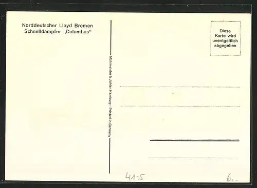 AK Norddeutscher Llyod Bremen, Passagierschiff Schnelldampfer Columbus