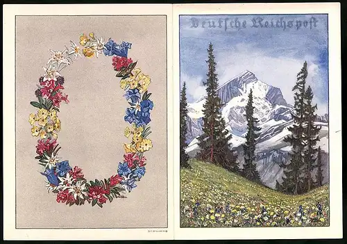 Telegramm Deutsche Reichspost, 1936, Alpenwiese gegen Bergmassiv, Entwurf: Carl Reiser
