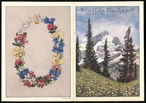 Telegramm Deutsche Reichspost, 1938, Bergmassiv mit blühender Wiese, Entwurf: Carl Reiser