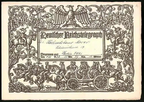 Telegramm Deutscher Reichstelegraph, 1932, Trachtenumzug und Reichsadler, Entwurf: Erich Feyerabend