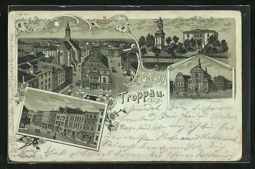 Mondschein-Lithographie Troppau, Rathaus, Josof Denkmal, Jesuitenkirche