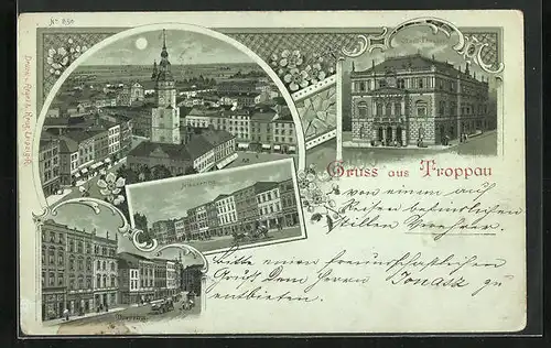 Mondschein-Lithographie Troppau, Niederring, Oberring, Strassenpartie, Stadttheater