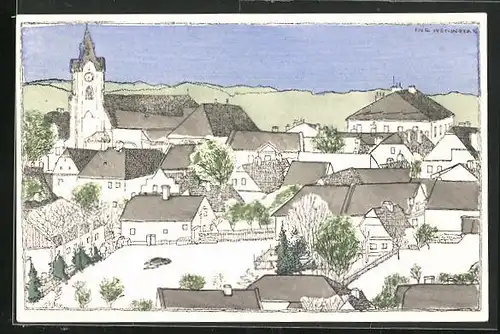 Künstler-AK Bennisch, Teilansicht mit Kirche