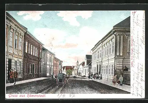 Lithographie Römerstadt, Strassenpartie mit Kutsche und Passanten