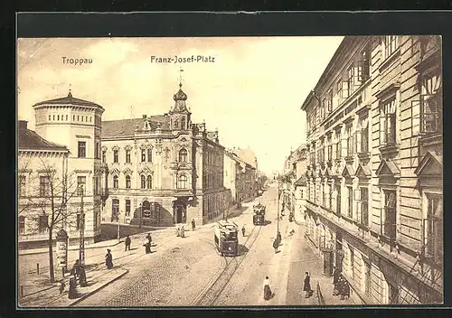 AK Troppau, Strassenbahnen auf dem Franz-Josef-Platz