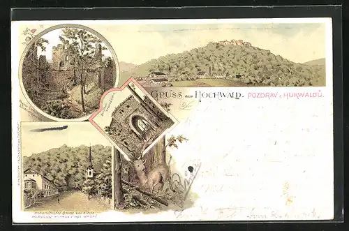 Lithographie Hochwald, Podsamei, Burgthor, Ruine, Ortsansicht, Rehbock