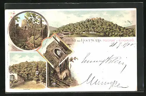 Lithographie Hochwald, Podsamei, Burgthor, Ansicht der Ruine, Ortsansicht