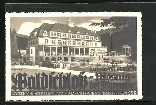 Künstler-AK Mösnig bei Jägerndorf, Kurhotel Waldschloss