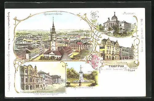 Lithographie Troppau, Museum, Rathaus und Sparkasse, Landesregierung und Minoritenconvent, Anlagen