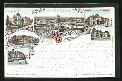 Lithographie Troppau, Landes-Museum, Stadttheater, K. K. Obergymnasium