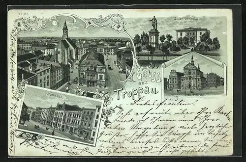 Mondschein-Lithographie Troppau, Jesuitenkirche, Rathaus und Josef Denkmal