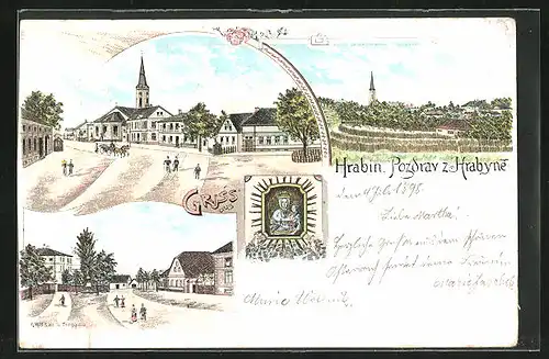 Lithographie Hrabyn, Strassenpartie im Ortskern