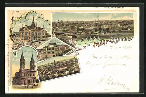 Lithographie Mähr. Ostrau, Deutsches Haus, Kirche, Národni dum, Blick auf die Stadt