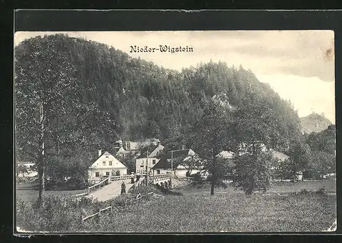 AK Nieder-Wigstein, Ortsansicht mit Brücke