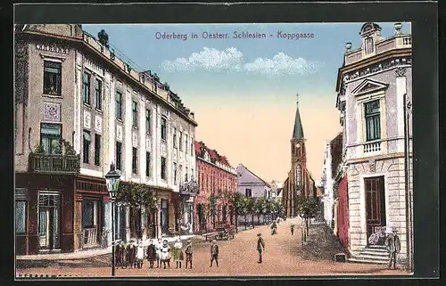 AK Oderberg in Oesterr. Schlesien, Strasse Koppgasse mit Kirche