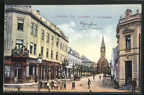 AK Oderberg /Öst. Schlesien, Strassee Koppgasse mit Kirche