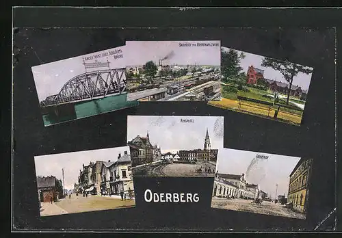 AK Oderberg, Bahnhof mit Rohrenwalzwerk, Kaiser Franz Josef Jubiläums-Brücke, Ringplatz