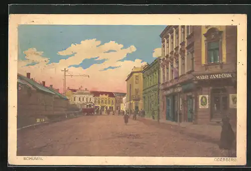 AK Oderberg, Strassenpartie mit Strassenbahn und Handlung von Marie Zamecnik