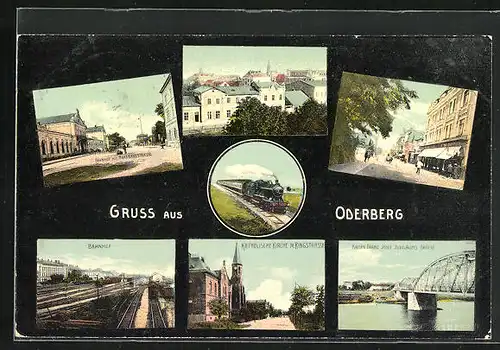 AK Oderberg, Bahnhof mit Nordbahnstrasse, Kath. Kirche, Kaiser Franz Josef Jubliäumsbrücke