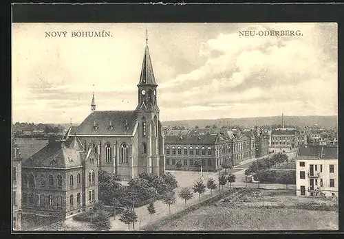 AK Neu-Oderberg, Strassenpartie mit Kirche aus der Vogelschau