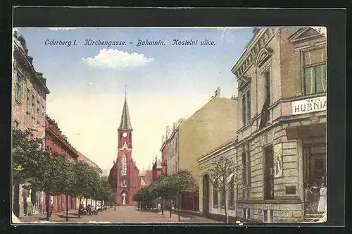 AK Oderberg, Strassenpartie an der Kirchengasse mit Kirche