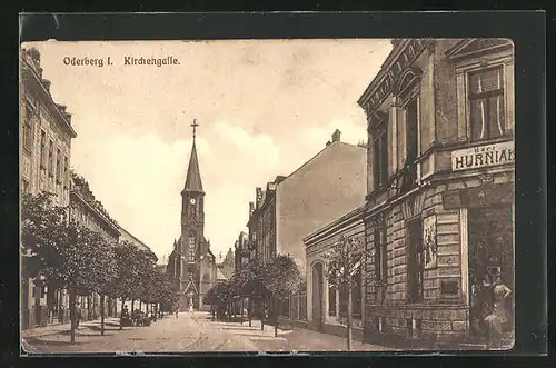 AK Oderberg, Strasse Kirchengasse mit Geschäft