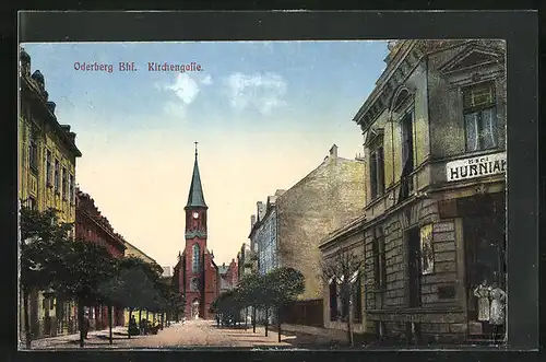 AK Oderberg, Bahnhof, Kirchengasse mit Geschäft