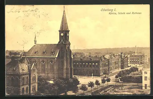 AK Oderberg, Ortsansicht mit Kirche, Schule und Rathaus