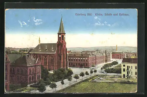 AK Oderberg, Blick auf Schule, Kirche und Rathaus