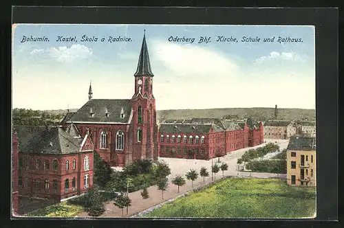 AK Oderberg, Ortsansicht mit Rathaus, Schule und Kirche