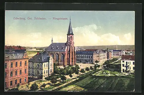 AK Oderberg, Ringstrasse mit Schule und Kirche