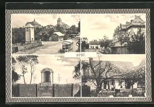 AK Byst, Strassenpartie, Denkmal, Ortspartie