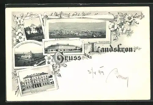 AK Landskron, Gold- u. Silberwarenfabrik Rud. Langer, K. k. Tabakfabrik, Schlossberg