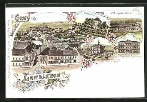Lithographie Landskron, Gold- u. Silberwarenfabrik Rud. E. Langer, K. k. Zigarren Fabrik, Schlossberg