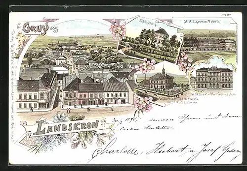 Lithographie Landskron, Gold- u. Silberwarenfabrik Rud. E. Langer, K. k. Zigarren Fabrik, Schlossberg